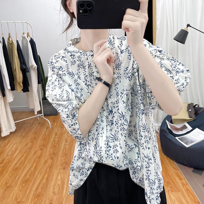 灯笼袖纯棉短袖衬衫女夏季韩系数码印花减龄上衣复古碎花上衣