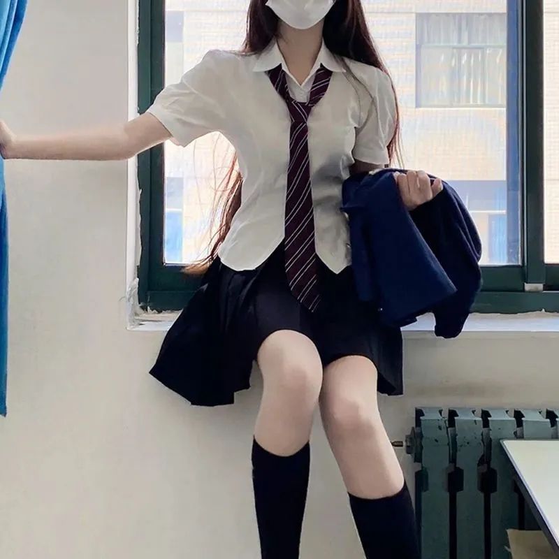 日系jk制服收腰衬衫上衣女短袖原创学院风泡泡袖白色衬衣jk套装