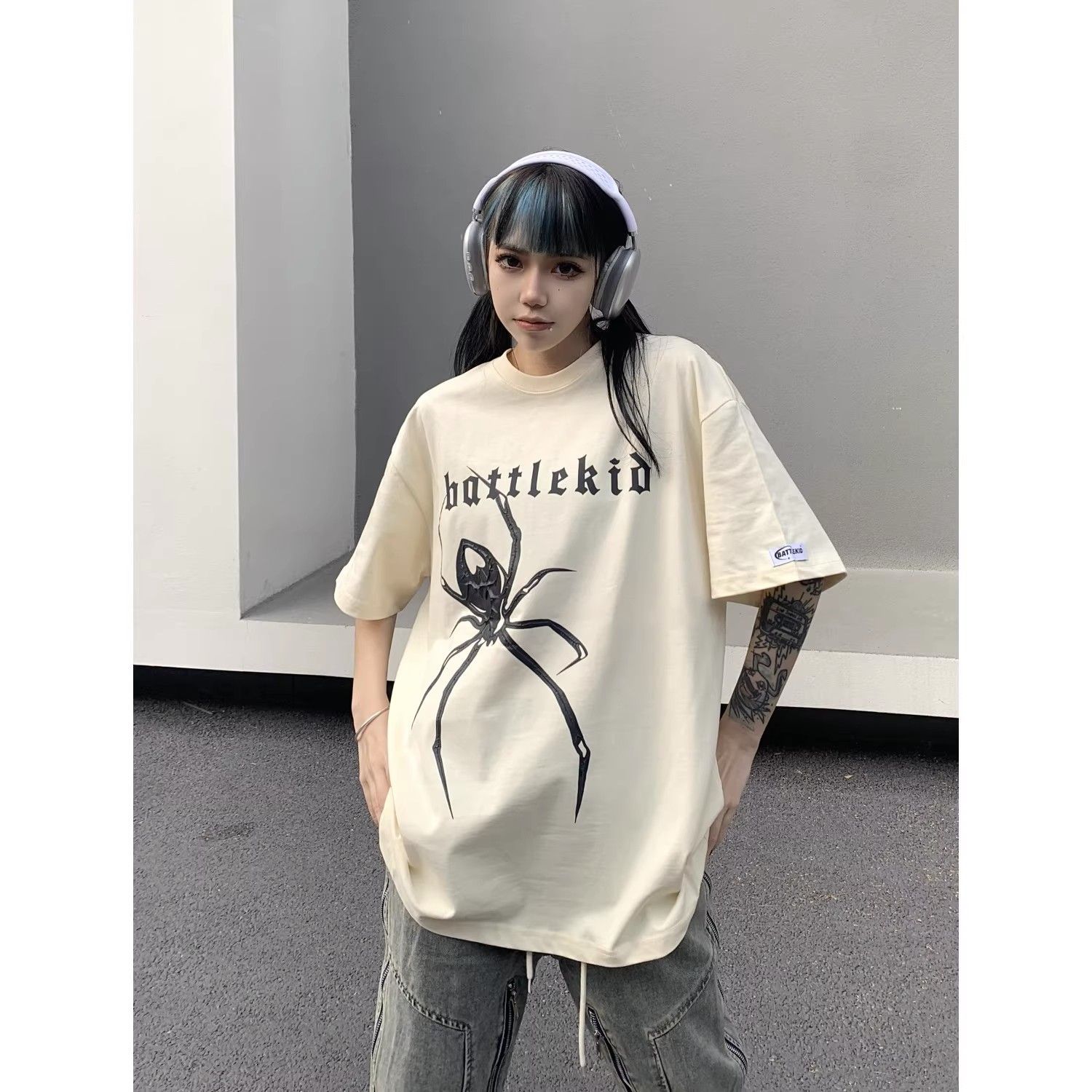 重磅純棉美式復古蜘蛛印花短袖t恤女夏季新款多巴胺女孩穿搭上衣