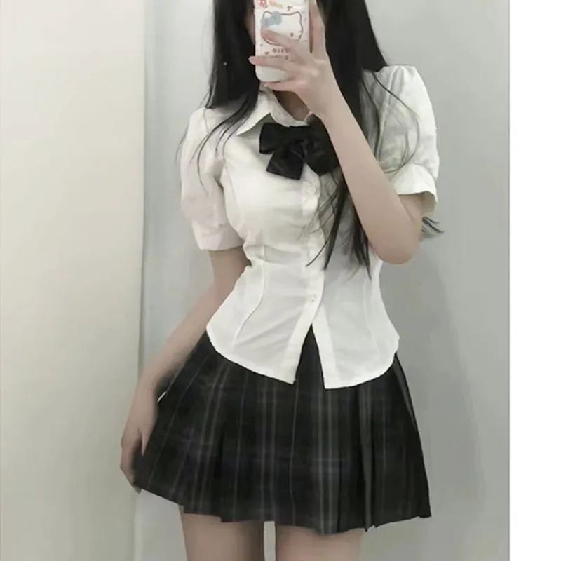 日系jk制服收腰衬衫上衣女短袖原创学院风泡泡袖白色衬衣jk套装