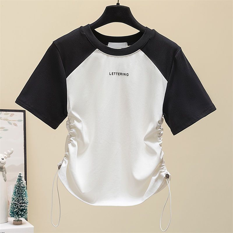 Hot girl drawstring design sense color contrast stitching short-sleeved t-shirt summer casual shoulder fat sister slim tops girls