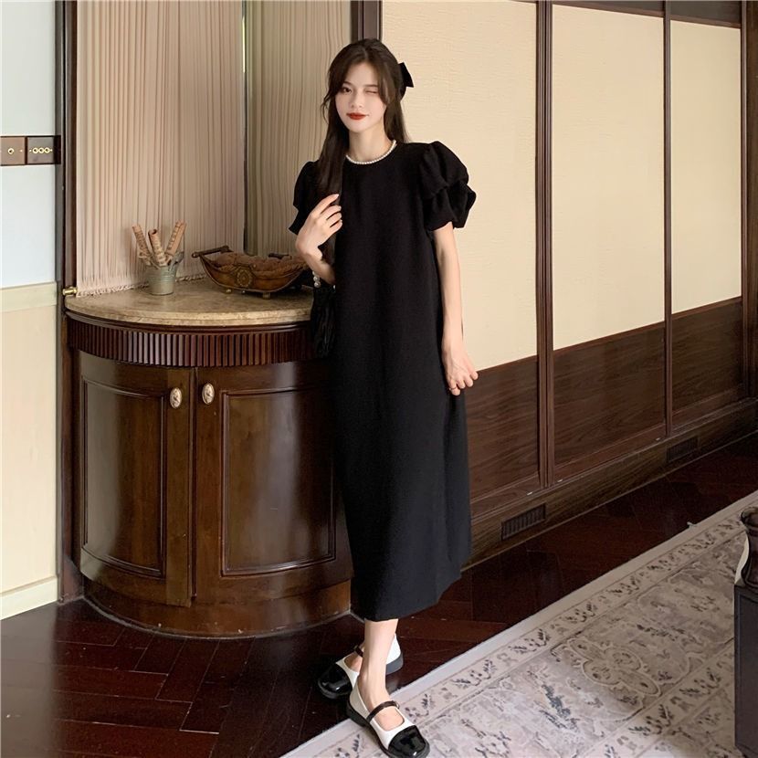 Slightly fat sister large size h-shaped green thin casual skirt female puff sleeve retro Hong Kong style dress summer women's clothing