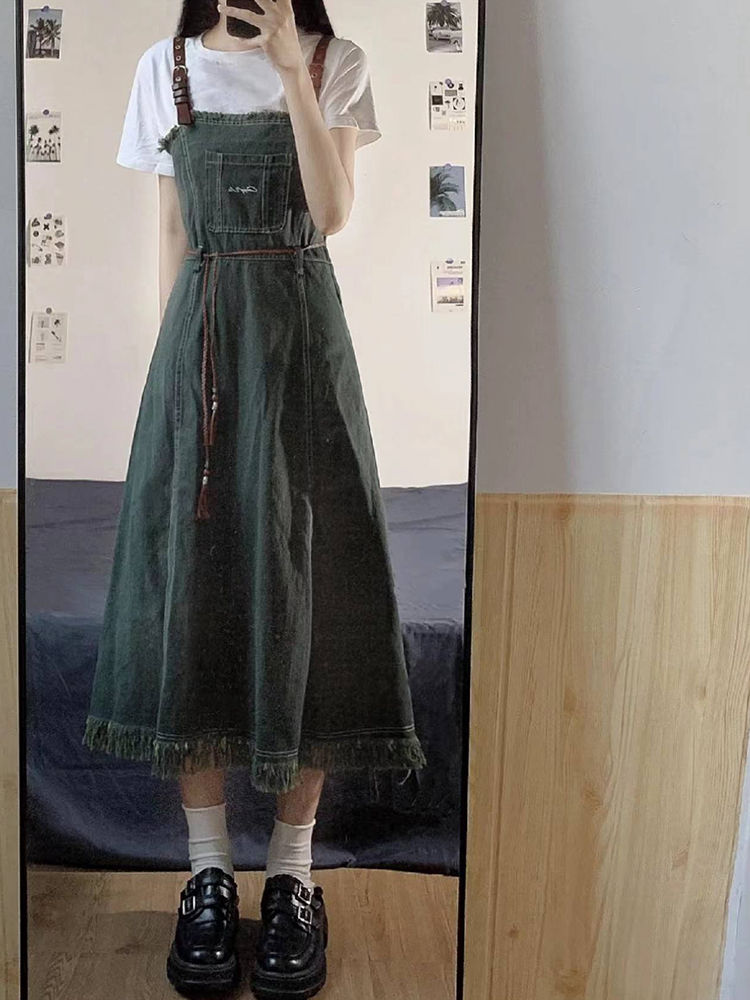 韓版小眾復古減齡顯瘦毛邊牛仔背帶裙女學生+百搭短袖T恤兩件套裝