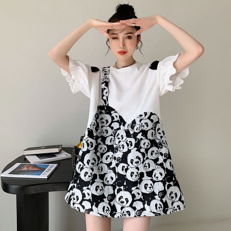 Fat sister summer large size fake two-piece splicing design high-end T-shirt skirt women's thin lotus leaf sleeve top