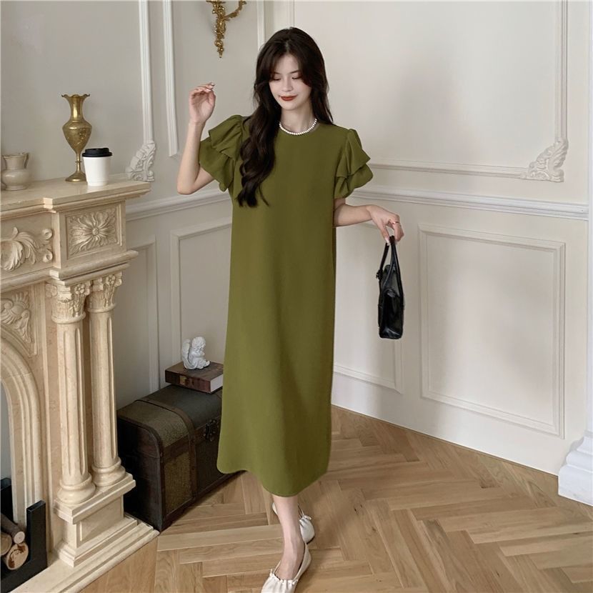 Slightly fat sister large size h-shaped green thin casual skirt female puff sleeve retro Hong Kong style dress summer women's clothing