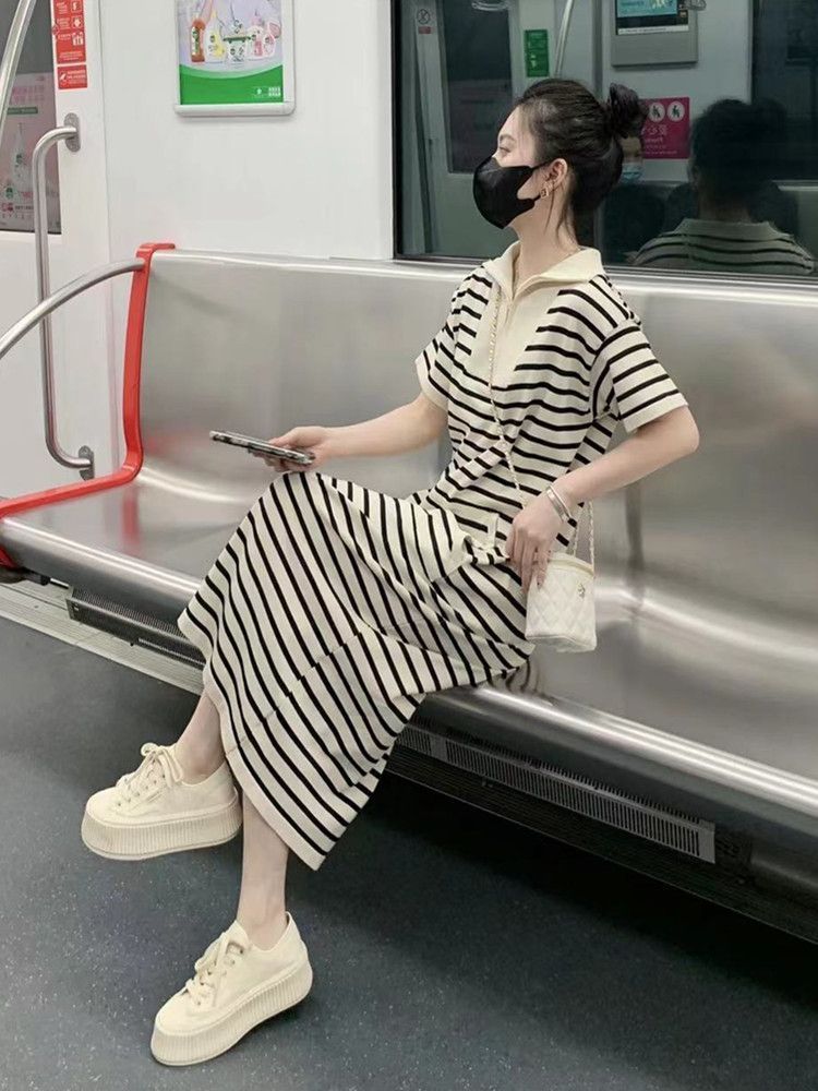 Small short-sleeved striped dress women's over-the-knee waist showing thinness covering meat summer slightly fat m large size long t-shirt skirt