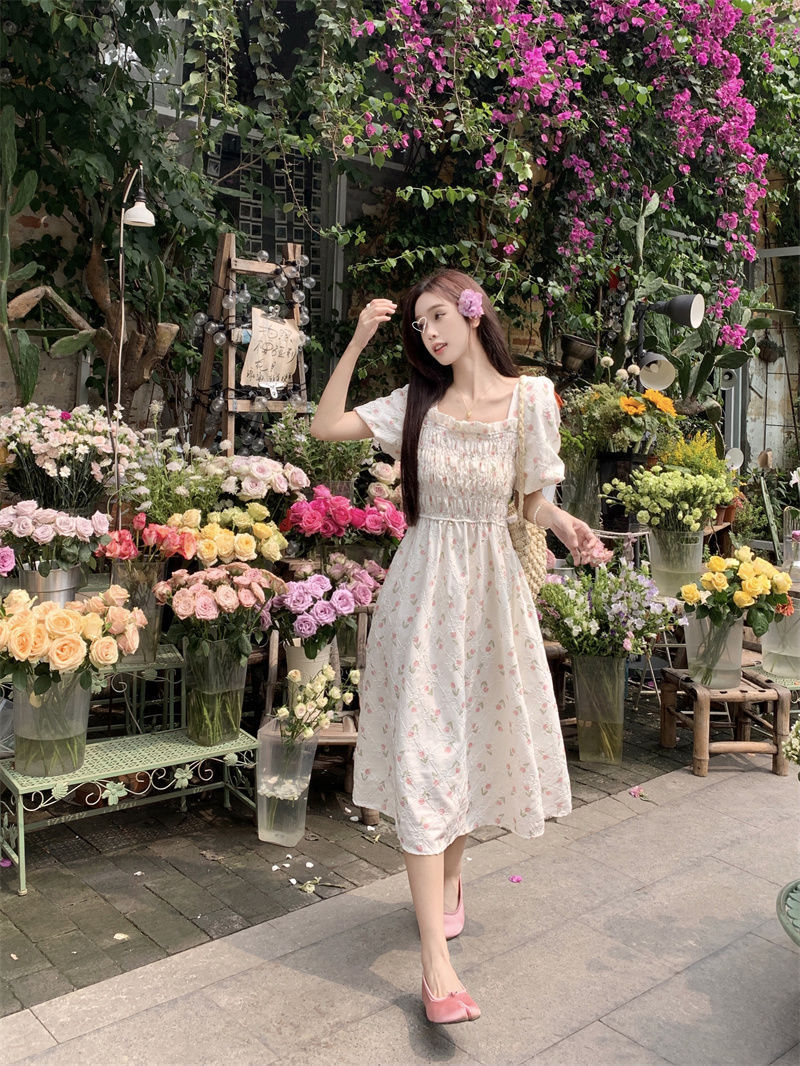 French sweet college style waist floral dress female students Korean version slimming and age-reducing mid-length A-line skirt