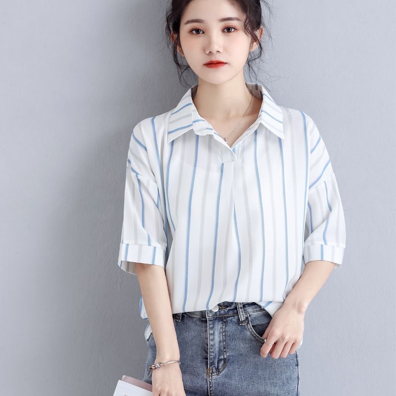 藍色條紋襯衫女寬鬆韓版設計感小眾豎條紋2020新款夏裝中袖學生