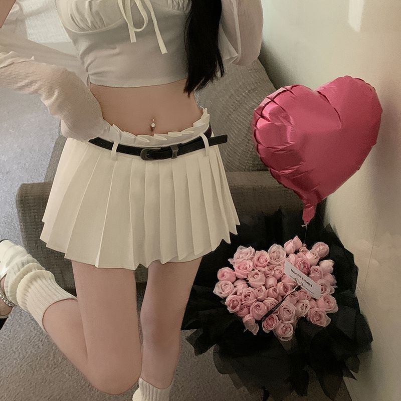 韩版高腰显瘦半身裙裤女夏季新款白色小个子设计感辣妹百褶裙