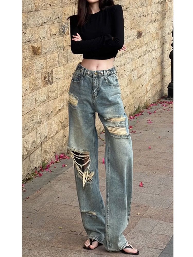 YSYOURS美式破洞牛仔褲女夏薄款高街顯瘦大碼胖MM高腰闊腿拖地褲
