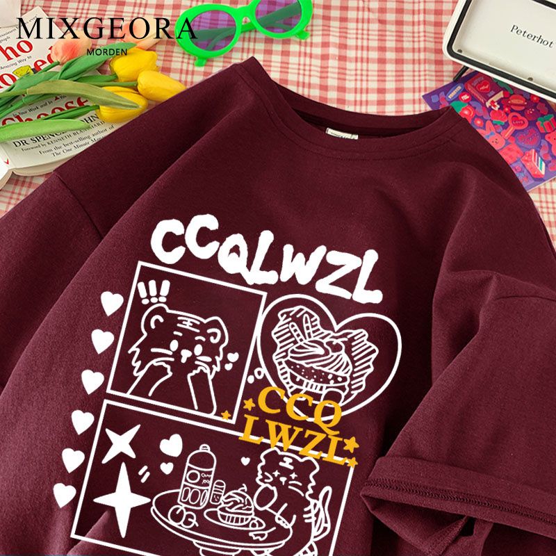 MIXGEORA港風休閒100%純棉短袖男寬鬆潮流帥氣T恤青少年圓領上衣