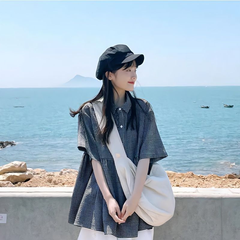 日系復古短袖格子娃娃衫女夏夏季韓系寬鬆襯衫上衣設計感小眾襯衣