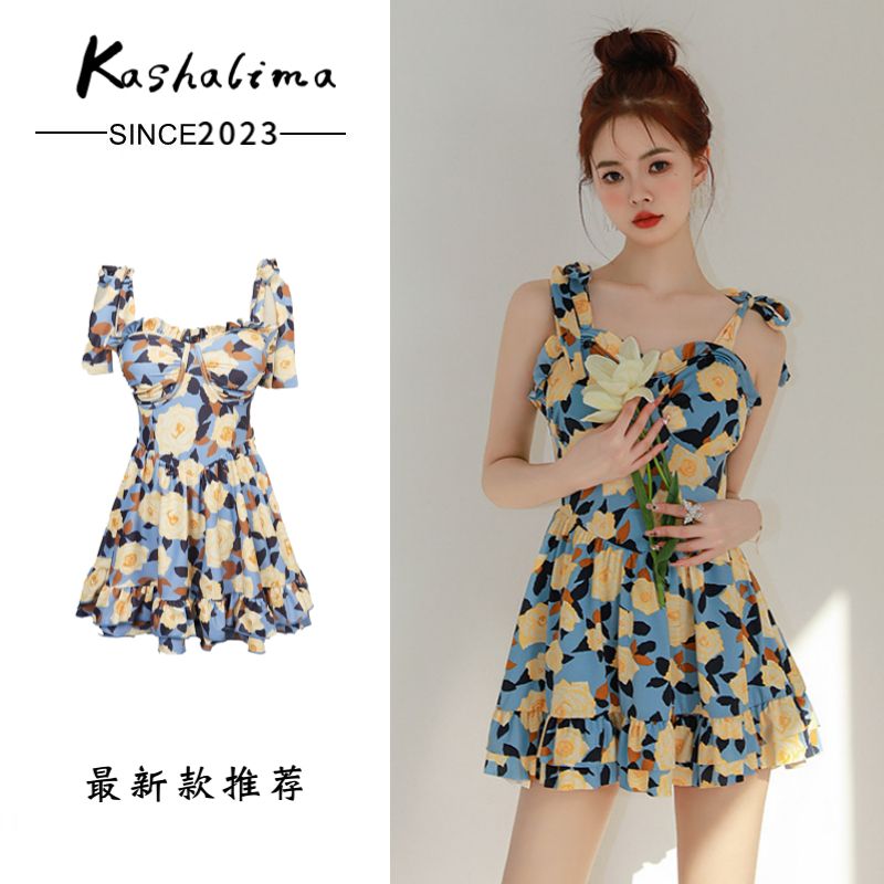 2023 New Women's Summer Korean Conservative One-piece Swimsuit Women's Flat Angle Covers Belly and Looks Slim Flat Angle Oil Paint High-Quality Swimsuit