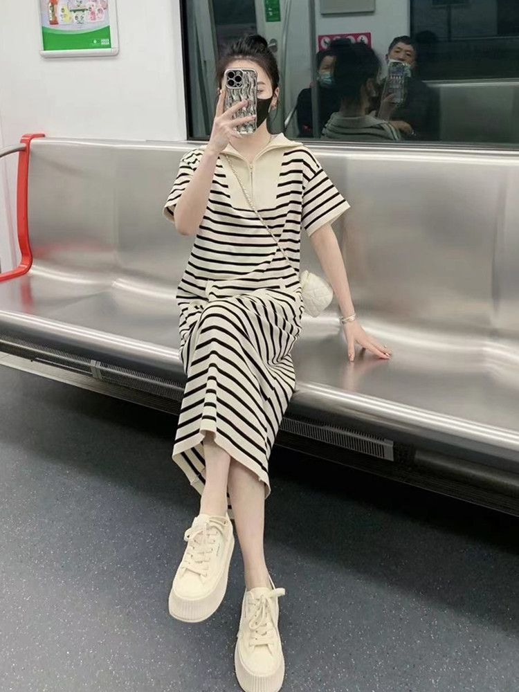 Small short-sleeved striped dress women's over-the-knee waist showing thinness covering meat summer slightly fat m large size long t-shirt skirt