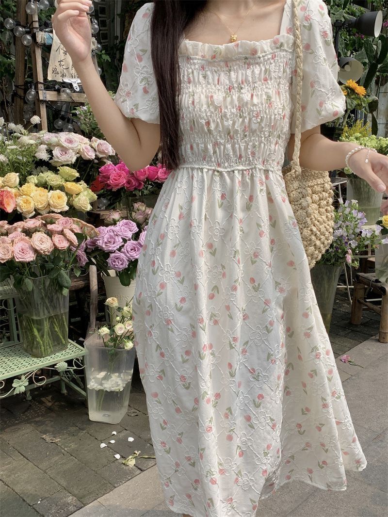 Korean style sweet college wind waist square collar floral dress female students Korean version of age-reducing mid-length A-line skirt