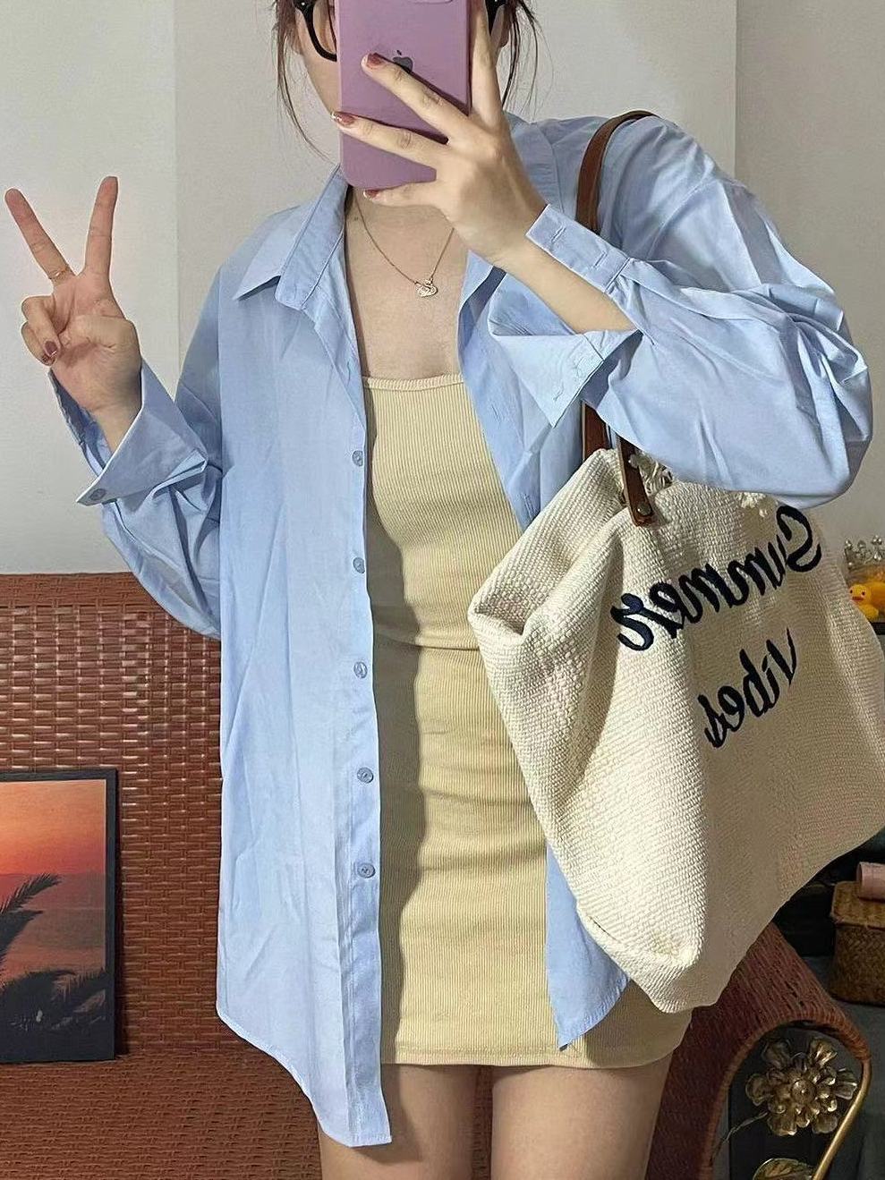 夏季薄款純色襯衫女日系清新寬鬆休閒百搭小眾長袖襯衣防曬開衫潮