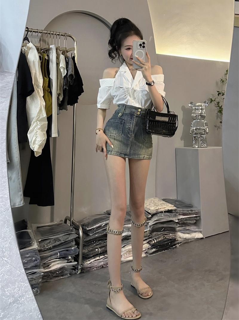 Korean version of sweet and spicy style suit women's summer fashion foreign style off-shoulder shirt + temperament high-end sexy denim skirt tide