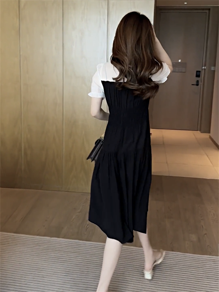 蓝海奕诺假两件气质短袖连衣裙女2023夏新款法式收腰显瘦中长裙子