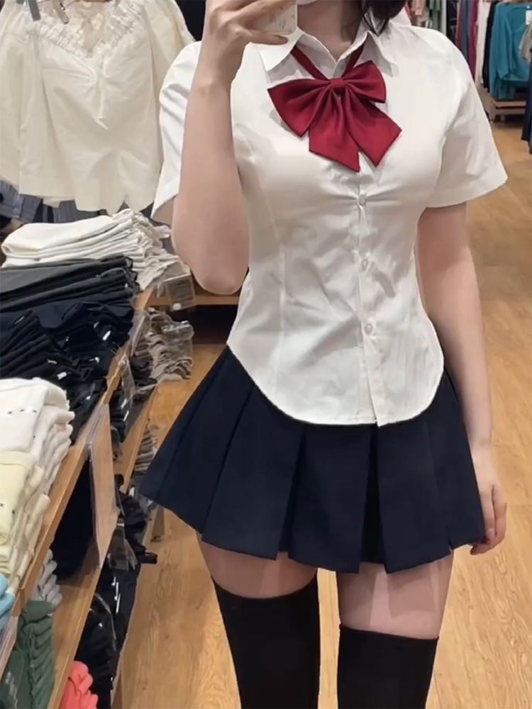 辣妹襯衫收腰短袖jk制服日系原創正版抗皺飄帶白色襯衣女上衣夏季