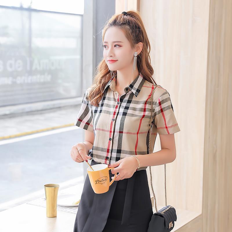 夏季新款格子襯衫女士短款小清新設計感時尚百搭復古港風半袖襯衫