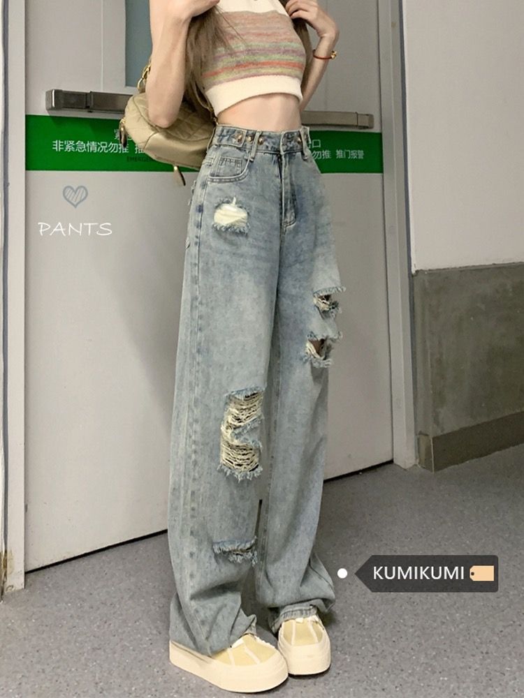 YSYOURS美式破洞牛仔女夏季薄款寬鬆垂感高腰乞丐大碼闊腿拖地褲