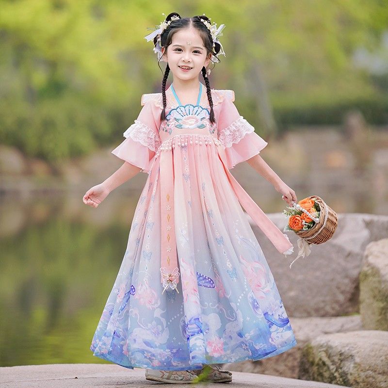 女童漢服兒童夏款古風超仙唐裝襦裙2023新款小女孩夏季古裝連衣裙