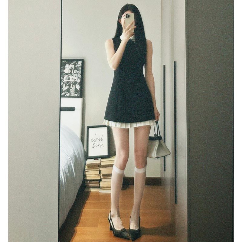 筱姿御姐名媛气质黑白撞色无袖连衣裙女新款洋气修身显瘦短裙