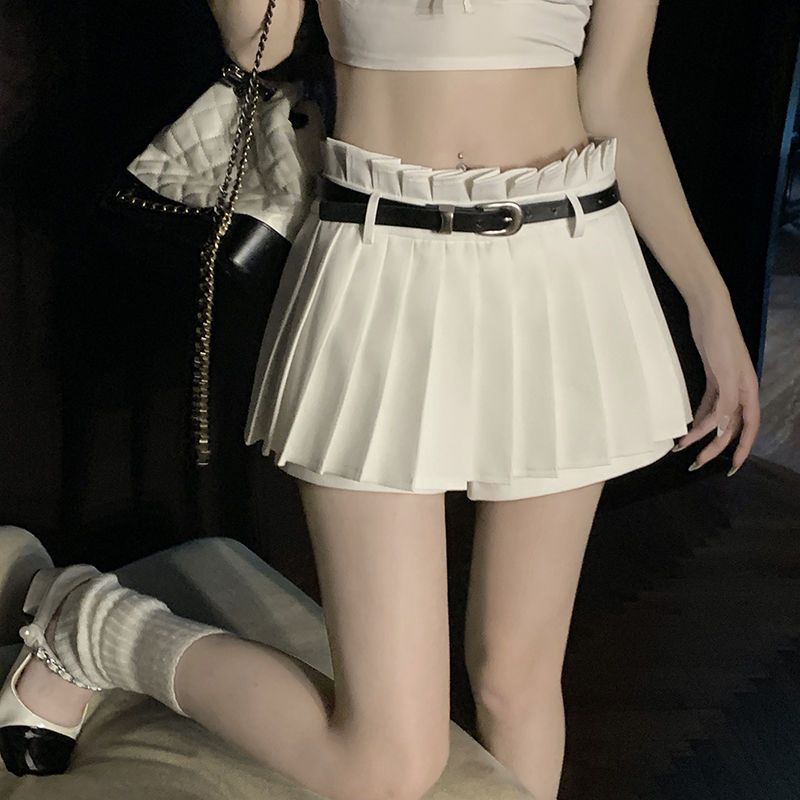 韩版高腰显瘦半身裙裤女夏季新款白色小个子设计感辣妹百褶裙