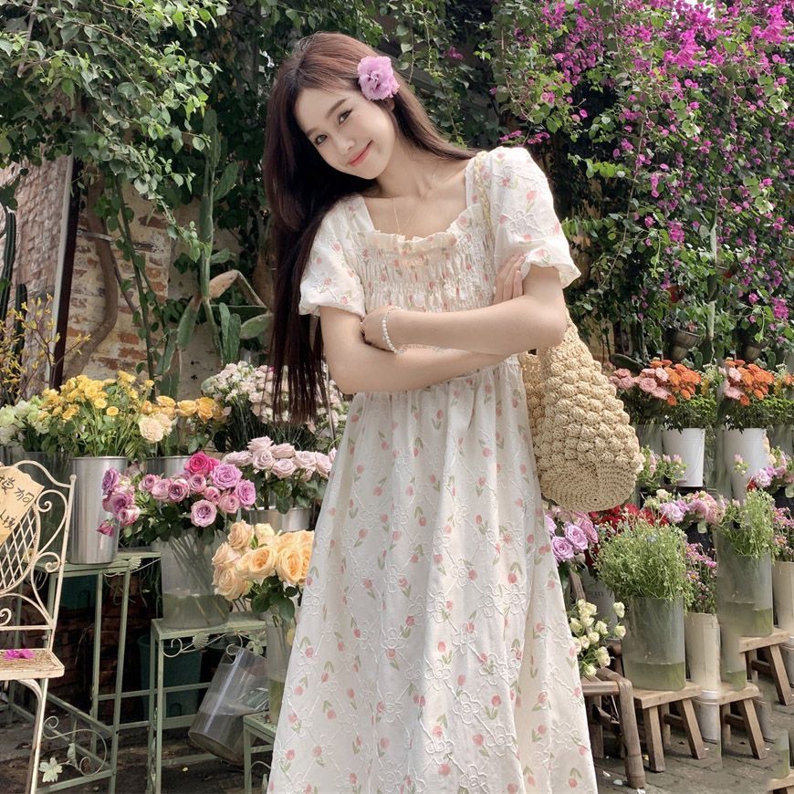 Korean style sweet college wind waist square collar floral dress female students Korean version of age-reducing mid-length A-line skirt