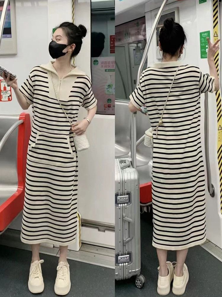 Small short-sleeved striped dress women's over-the-knee waist showing thinness covering meat summer slightly fat m large size long t-shirt skirt