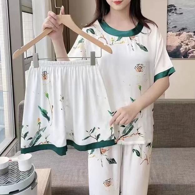 Summer pajamas for women, milk silk short-sleeved shorts, three-piece set, loose, large size, good looks, can be worn outside, home clothes, spring and summer