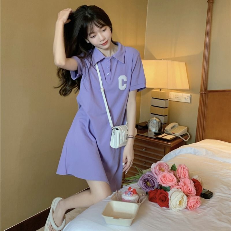 Light purple slightly fat mm large size short polo collar dress summer new women's clothing students cover the flesh and look thin