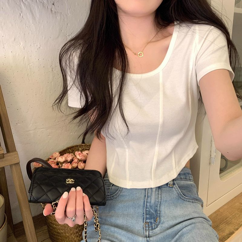 Fishbone round neck short-sleeved t-shirt women's summer niche design self-cultivation bottoming shirt pure desire short top ins