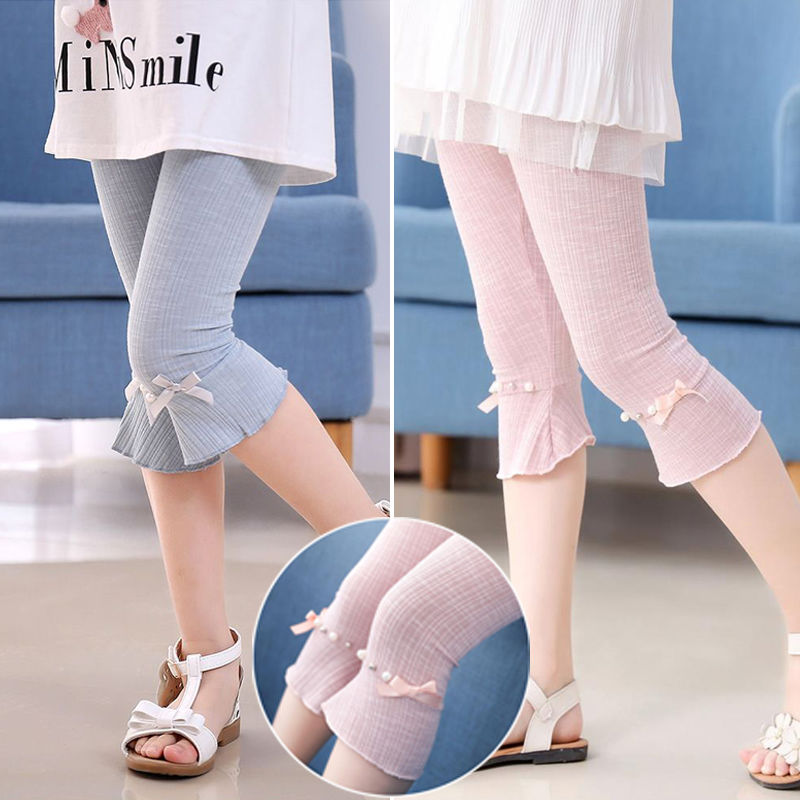 Girls' trousers cropped trousers summer ice silk thin outerwear baby trousers foreign style summer shorts children's leggings