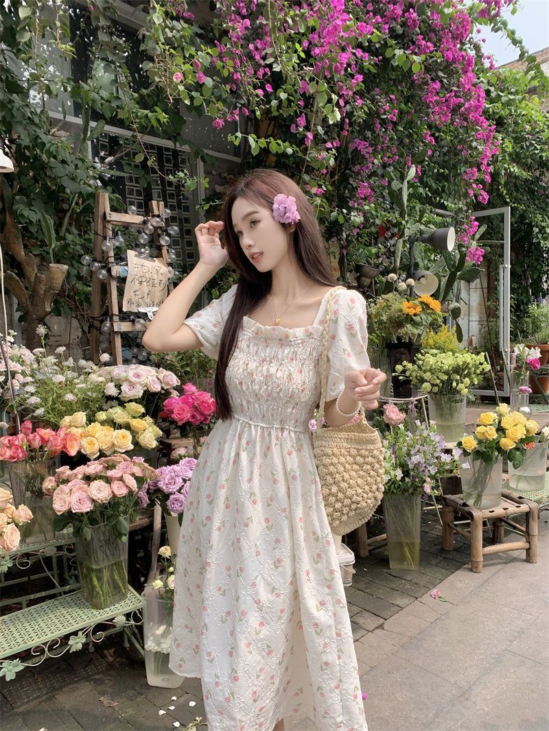 French sweet college style waist floral dress female students Korean version slimming and age-reducing mid-length A-line skirt