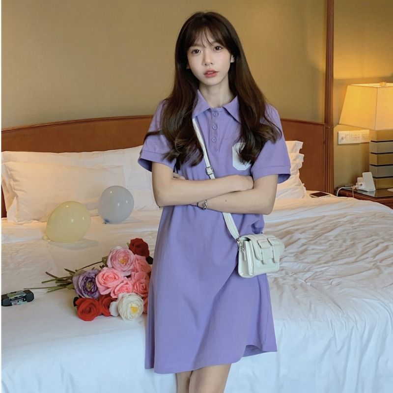 Light purple slightly fat mm large size short polo collar dress summer new women's clothing students cover the flesh and look thin