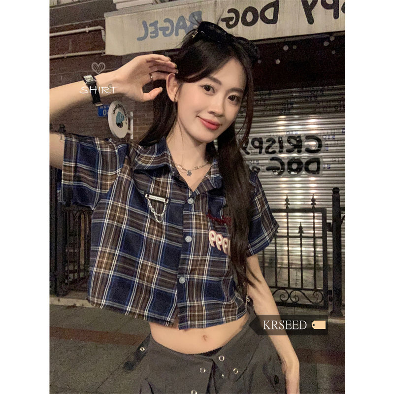 KRSEED復古格子短袖襯衫女裝夏季甜辣風小眾襯衣寬鬆顯瘦短款上衣