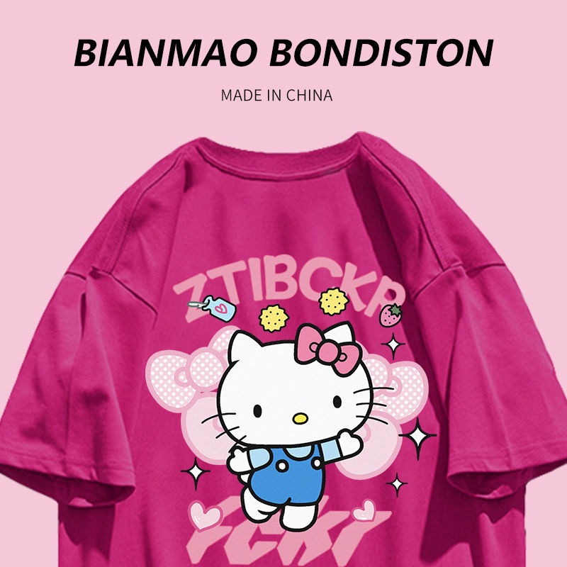 hellokitty dopamine wearing cute and sweet top dragon fruit color 260g heavy cotton short-sleeved T-shirt i