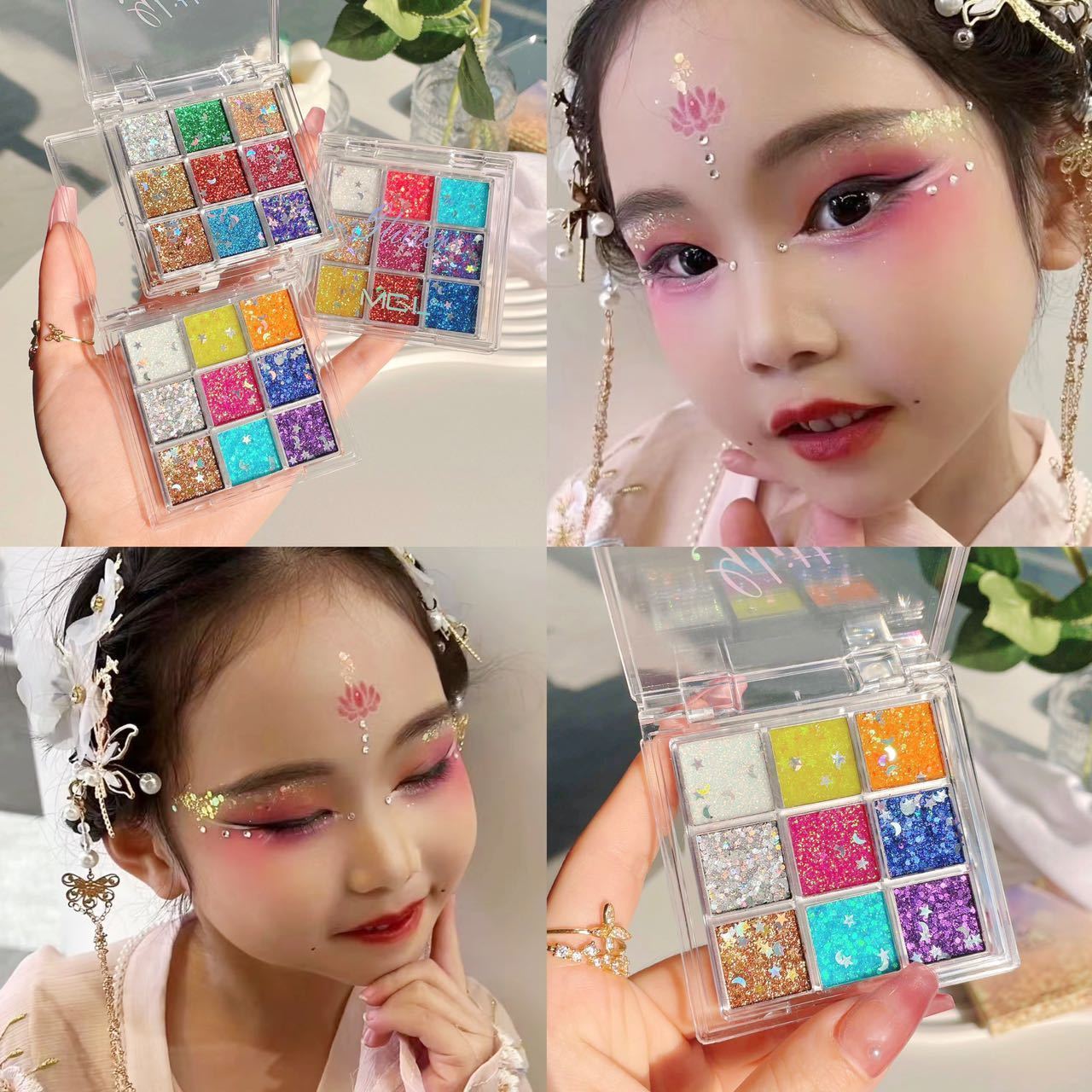 兒童舞台妝眼影亮片啫喱免膠水閃粉盤亮晶晶眼妝表演出化妝品四色