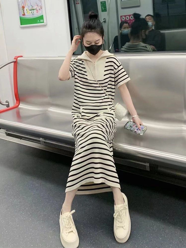 Small short-sleeved striped dress women's over-the-knee waist showing thinness covering meat summer slightly fat m large size long t-shirt skirt