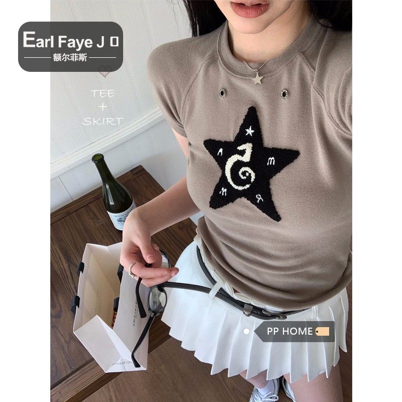 [Positive shoulder pure cotton] sweet and spicy star short-sleeved T-shirt women's summer self-cultivation short design sense niche hot girl top
