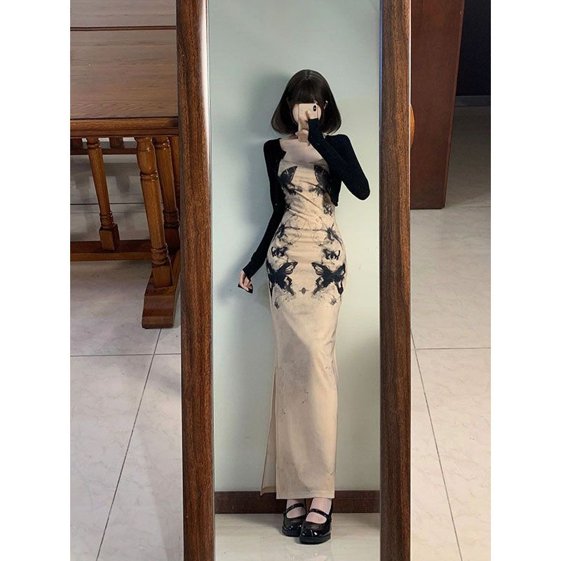 兩件套裝2023夏季新款法式水印花吊帶蝴蝶連衣裙+薄款防曬開衫女