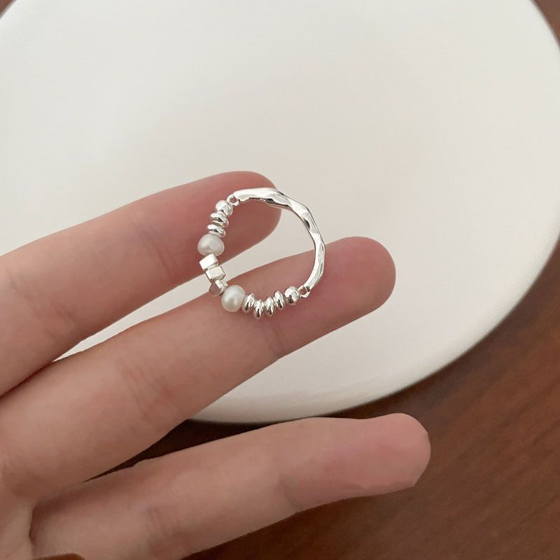 不规则碎银子珍珠戒指女ins小众设计不掉色食指戒时尚个性指环潮