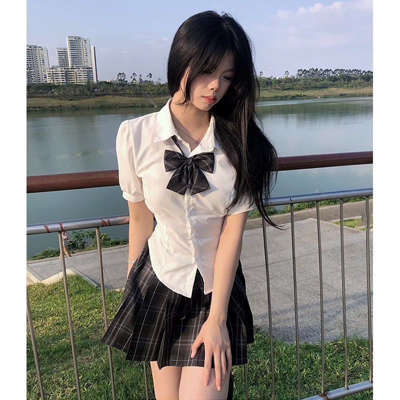 泡泡袖jk短袖襯衫女學生收腰顯瘦系帶上衣夏季日系學院風辣妹襯衣