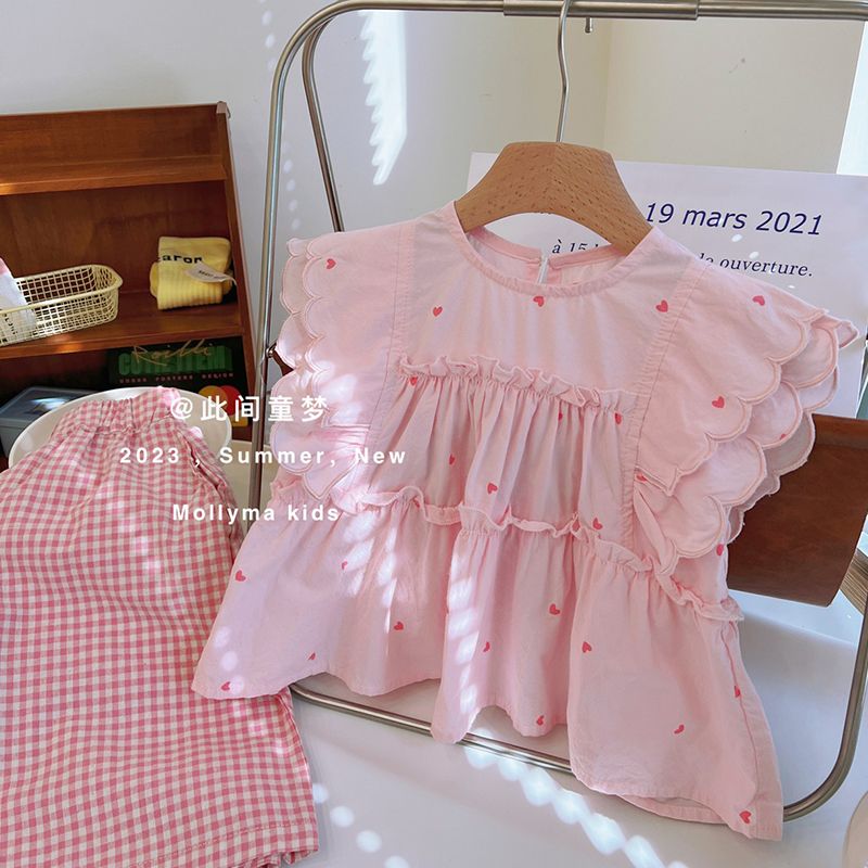 女童花邊娃娃衫闊腿褲兩件套2023兒童短袖套裝夏薄款洋氣寶寶上衣