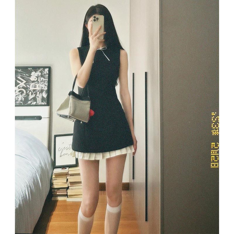 筱姿御姐名媛气质黑白撞色无袖连衣裙女新款洋气修身显瘦短裙