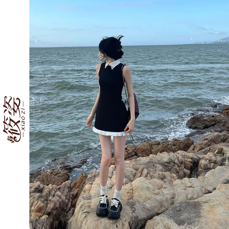 筱姿純欲甜辣氣質蝴蝶結無袖連衣裙女2023新款洋氣減齡修身短裙子