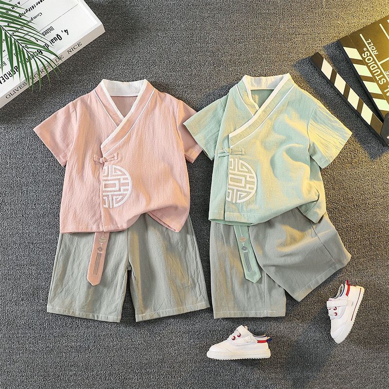 漢服兒童男2023夏天薄款古裝短褲套裝中國風男童唐裝夏季棉麻衣服