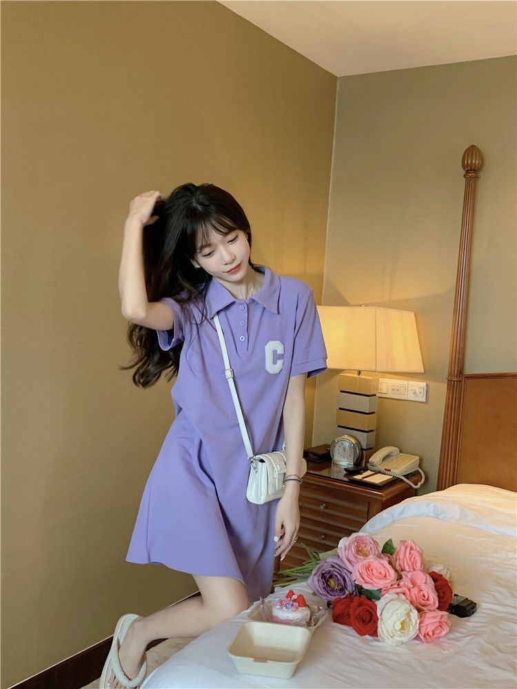 Light purple slightly fat mm large size short polo collar dress summer new women's clothing students cover the flesh and look thin