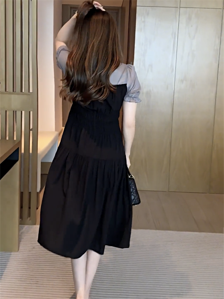 蓝海奕诺假两件气质短袖连衣裙女2023夏新款法式收腰显瘦中长裙子